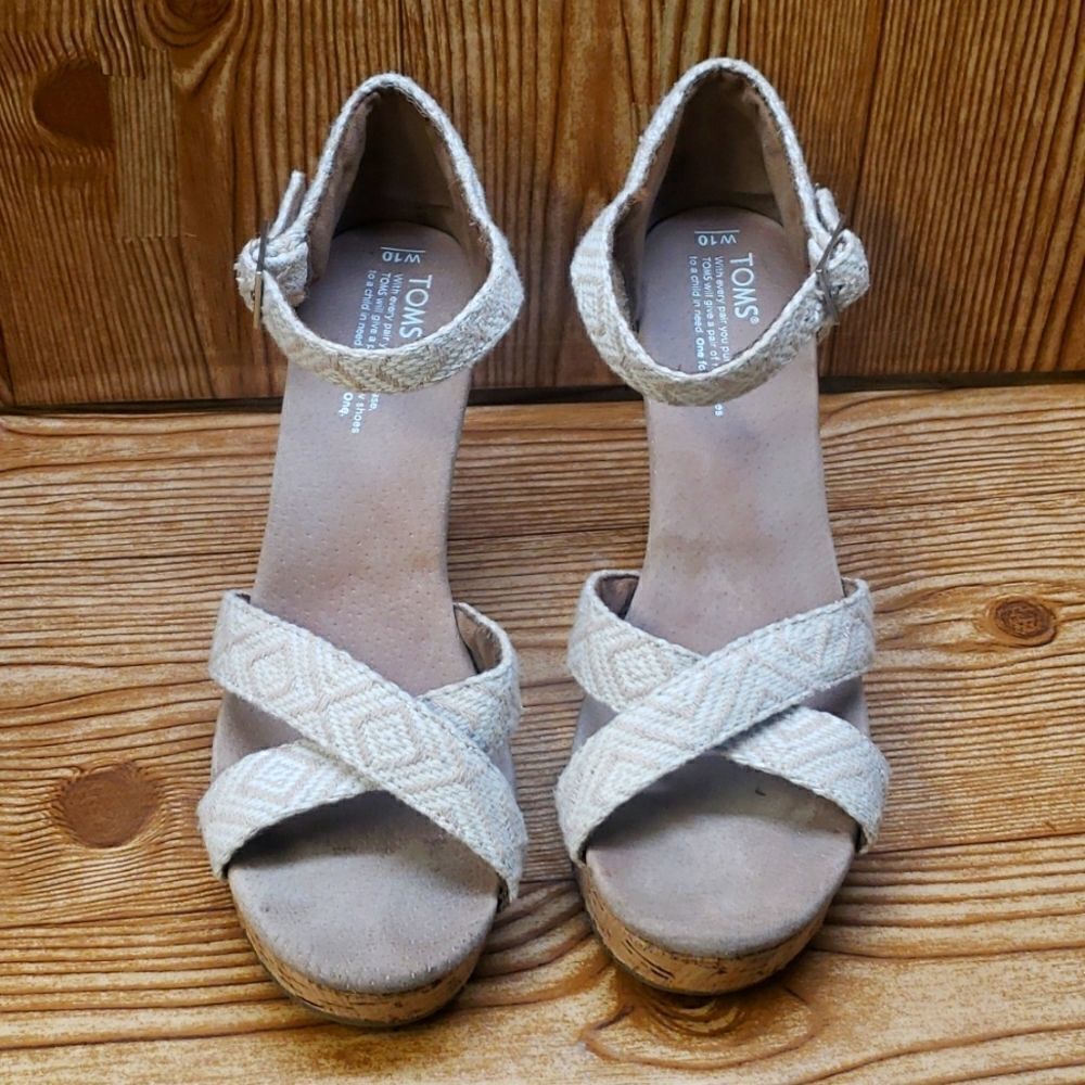 Toms Wedges Womens 10 Sienna Cork Sage Green Ankle Strap Peep Toe